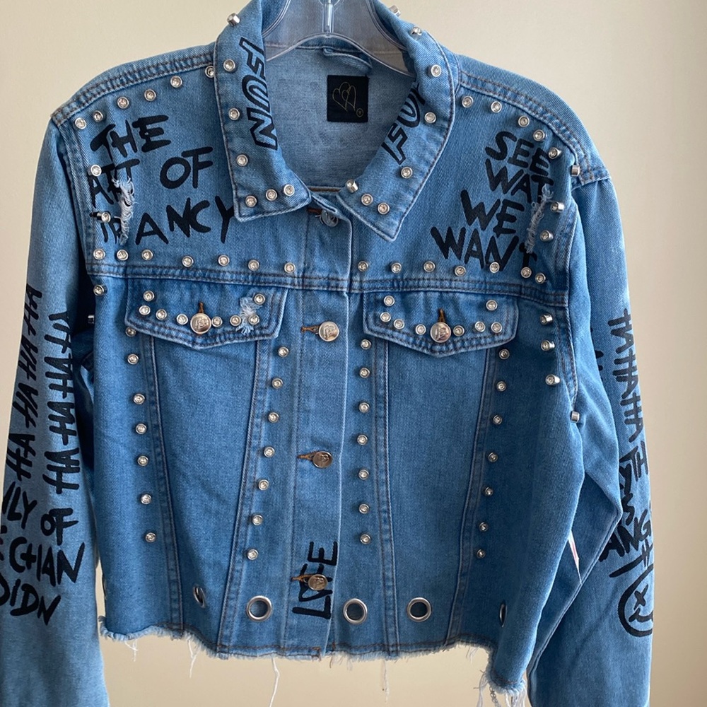 Akira Raw Hem Embellished Rhinestone Denim Jacket Size M